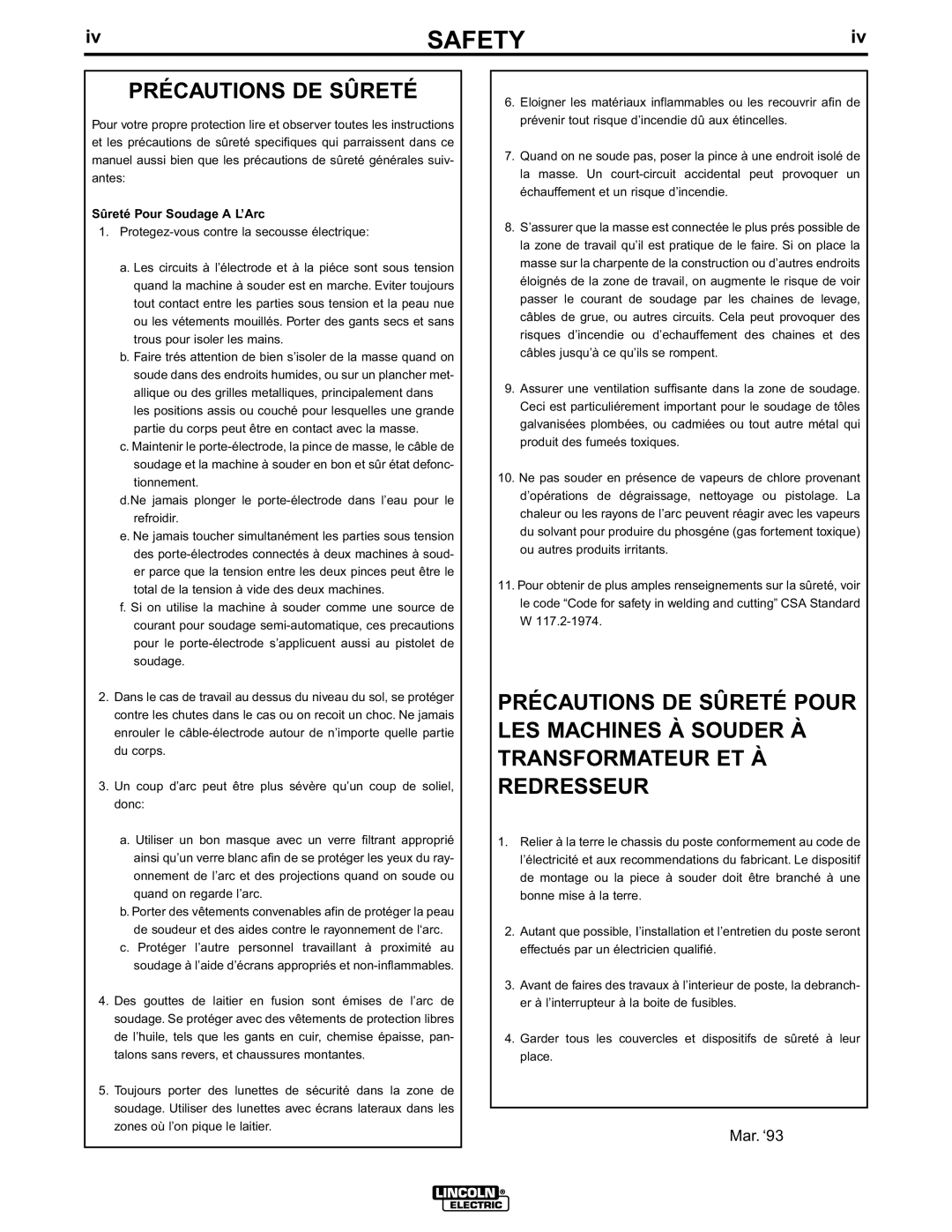 Lincoln Electric IM544-B manual Précautions DE Sûreté, Sûreté Pour Soudage a L’Arc 