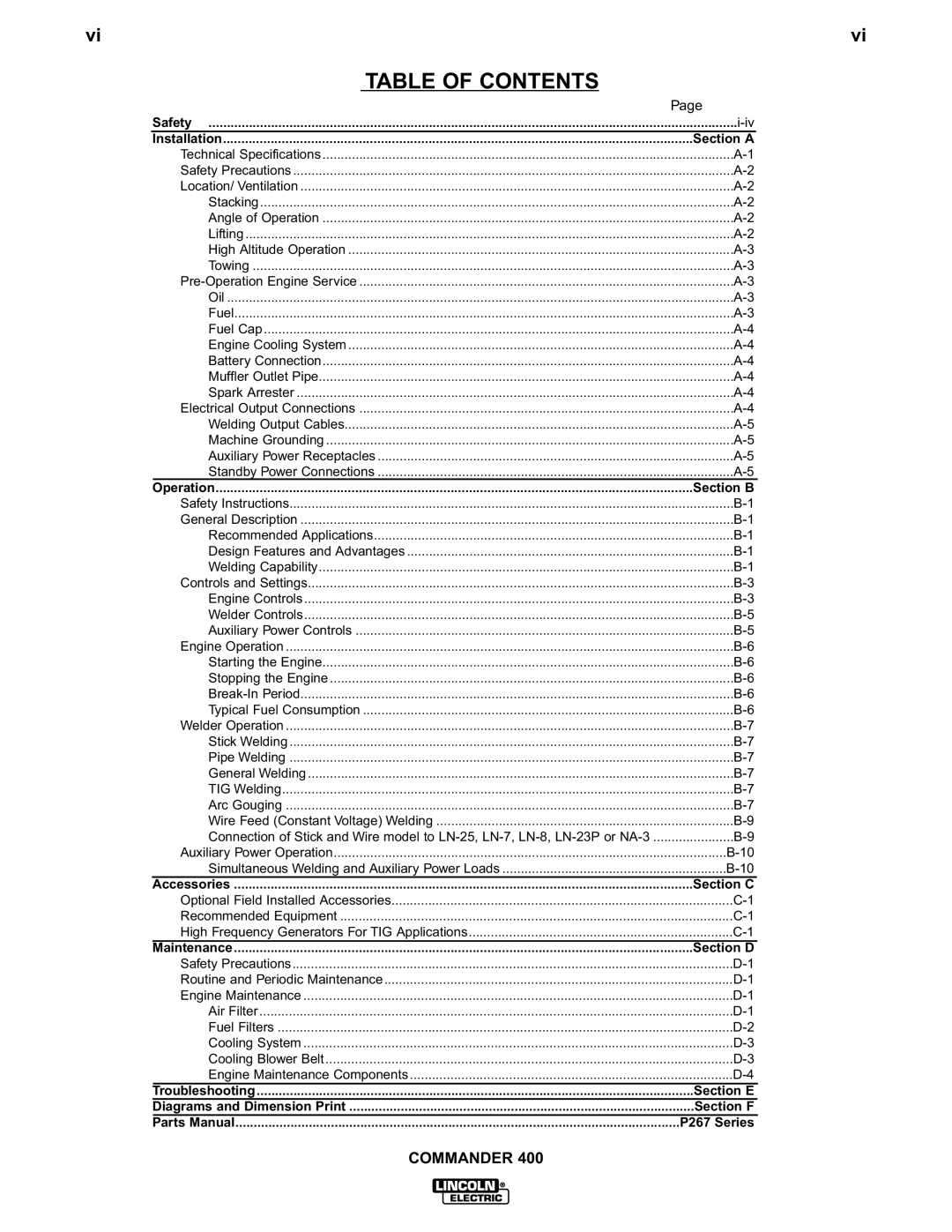 Lincoln Electric IM544-B manual Table of Contents 