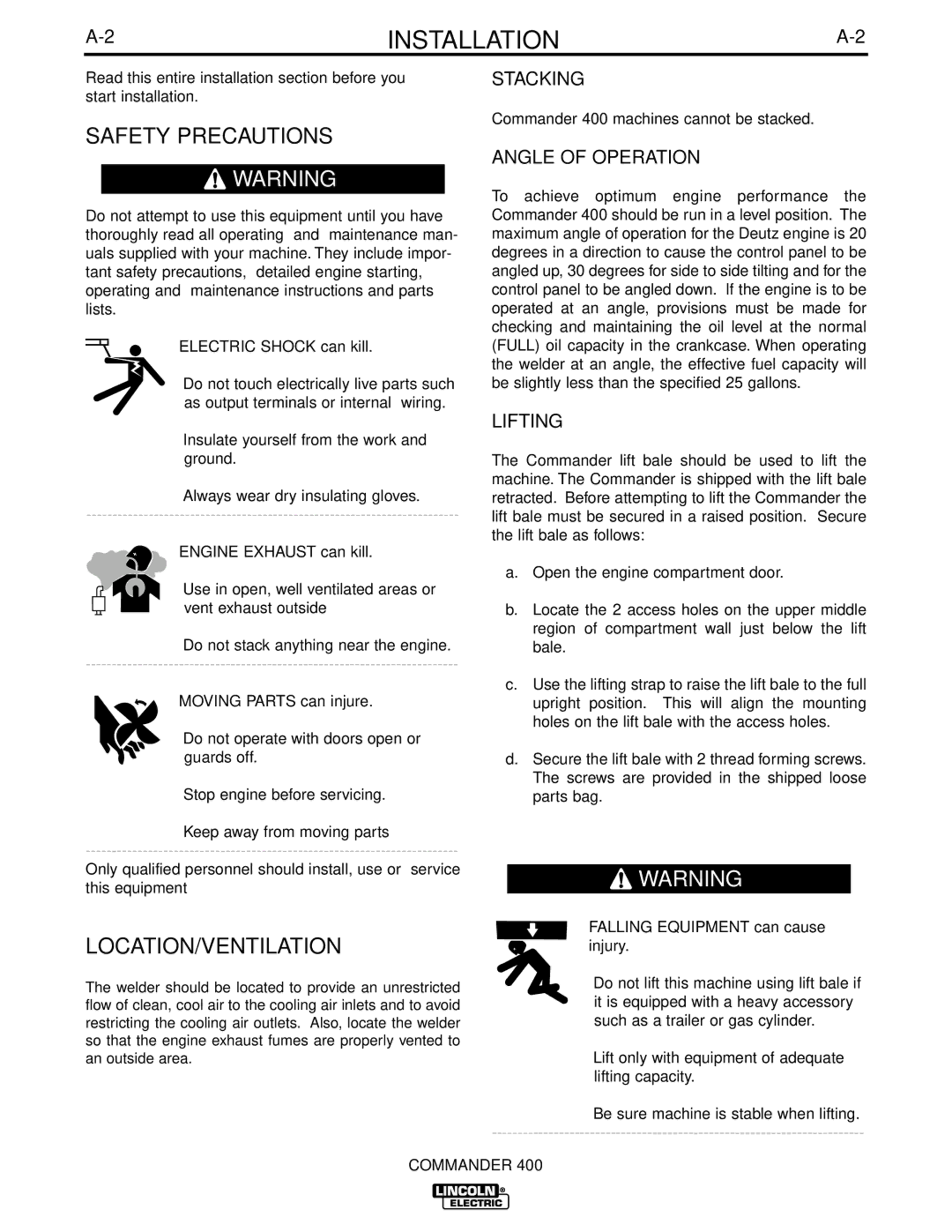 Lincoln Electric IM544-B manual Safety Precautions, Location/Ventilation, Stacking, Angle of Operation, Lifting 