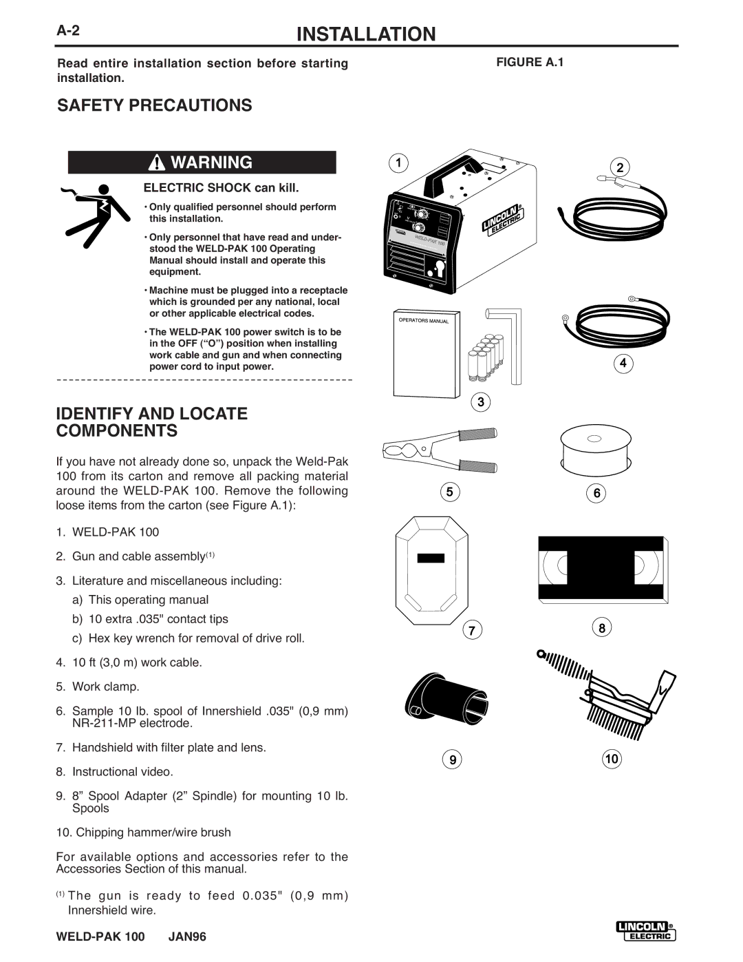 Lincoln Electric IM546 manual 2INSTALLATION, Safety Precautions, Identify and Locate Components 