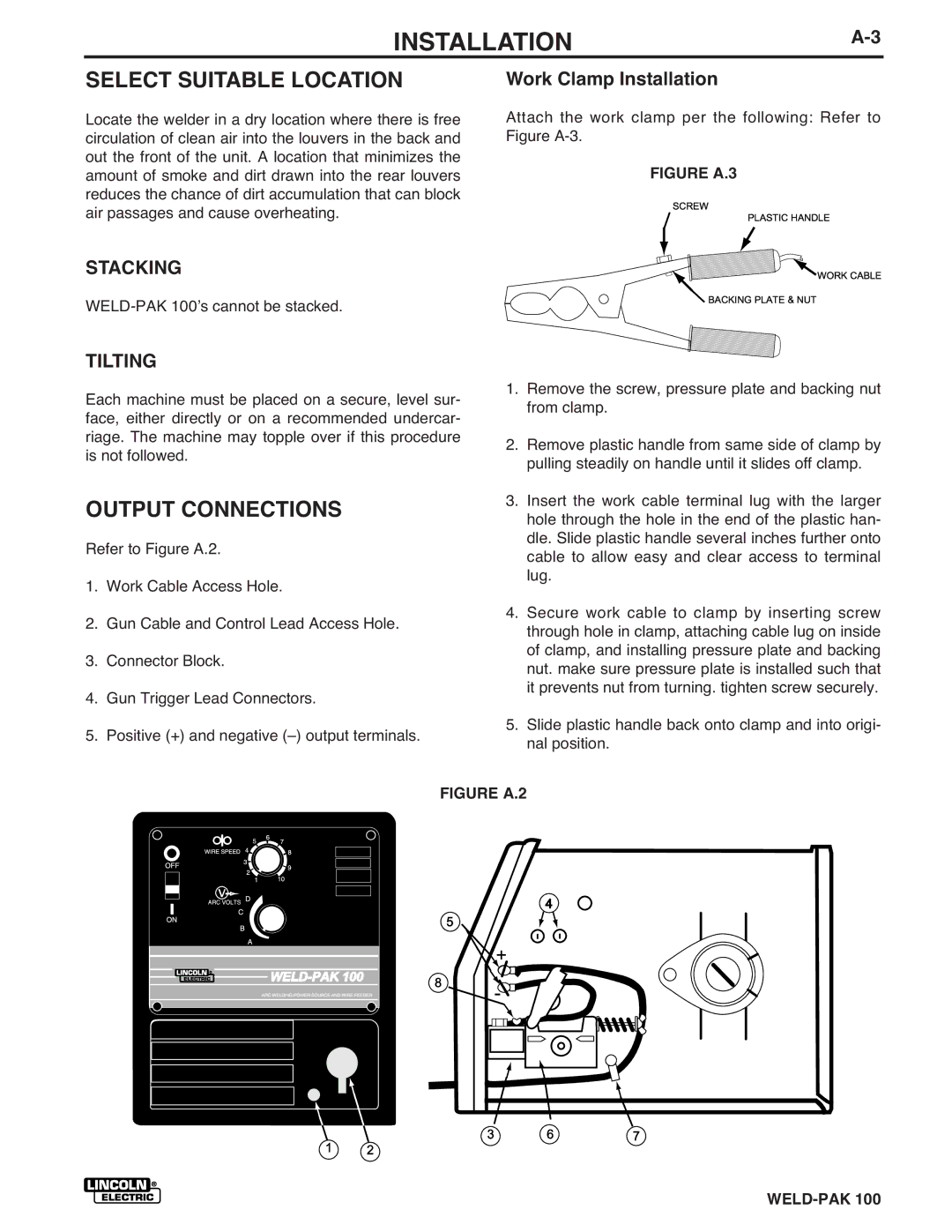 Lincoln Electric IM546 manual INSTALLATIONA-3, Select Suitable Location, Output Connections, Stacking, Tilting 