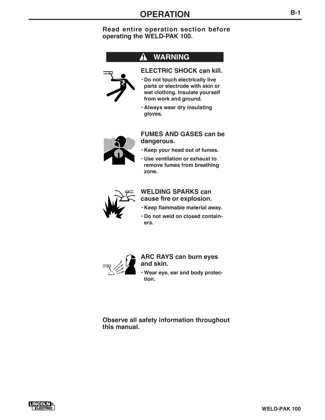 Lincoln Electric IM546 manual OPERATIONB-1, Fumes and Gases can be dangerous, Welding Sparks can cause fire or explosion 