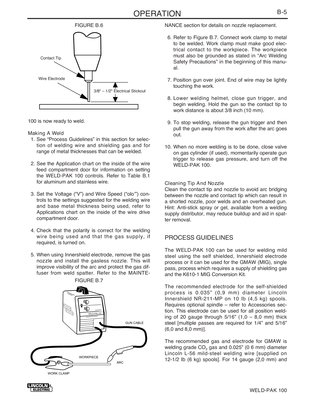 Lincoln Electric IM546 manual OPERATIONB-5, Process Guidelines, Making a Weld, Cleaning Tip And Nozzle 