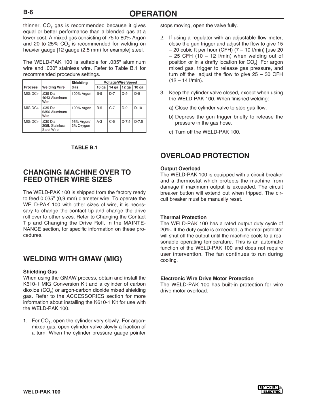 Lincoln Electric IM546 manual 6OPERATION, Changing Machine Over to Feed Other Wire Sizes, Welding with Gmaw MIG 