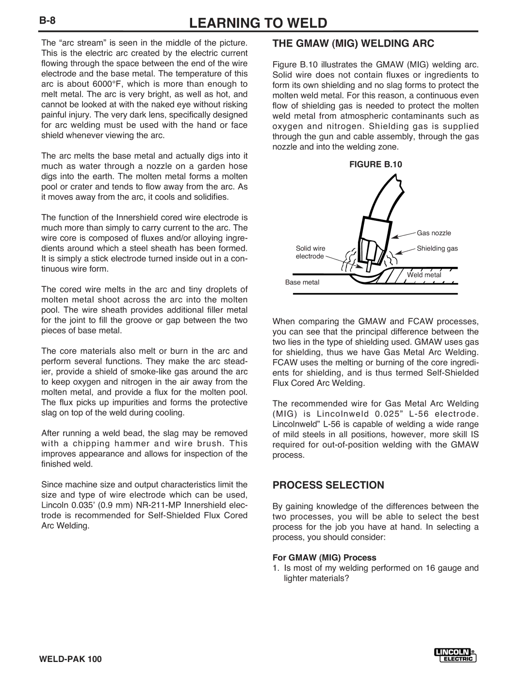 Lincoln Electric IM546 manual Gmaw MIG Welding ARC, Process Selection, For Gmaw MIG Process 