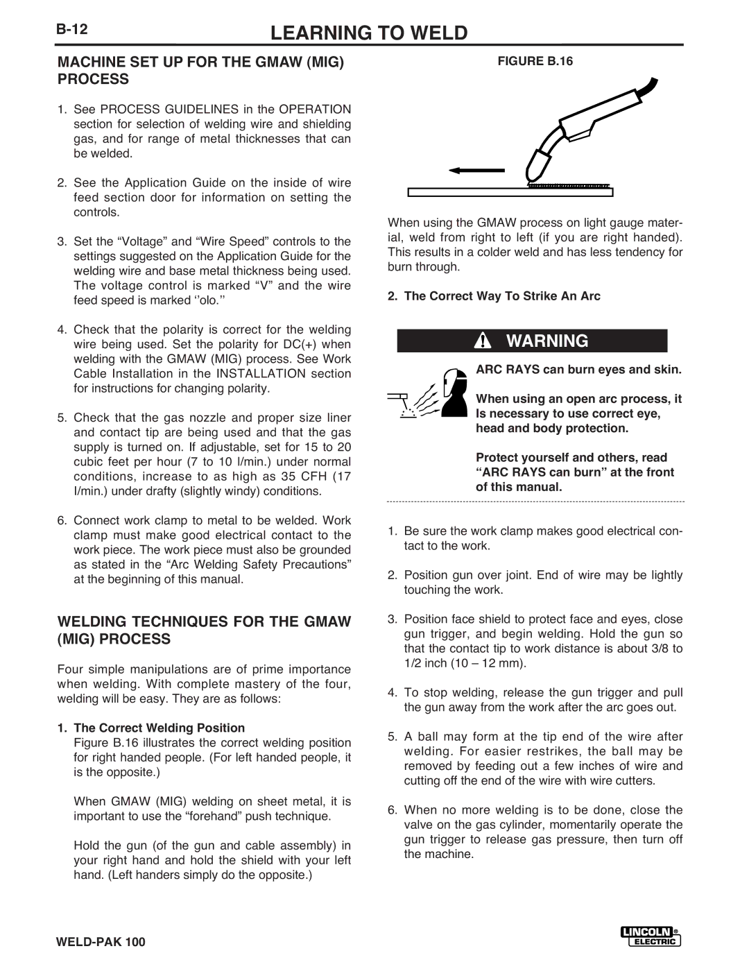 Lincoln Electric IM546 manual Machine SET UP for the Gmaw MIG Process, Welding Techniques for the Gmaw MIG Process 