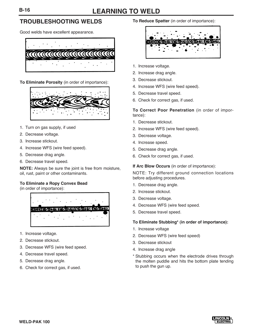 Lincoln Electric IM546 manual Troubleshooting Welds, To Eliminate a Ropy Convex Bead in order of importance 