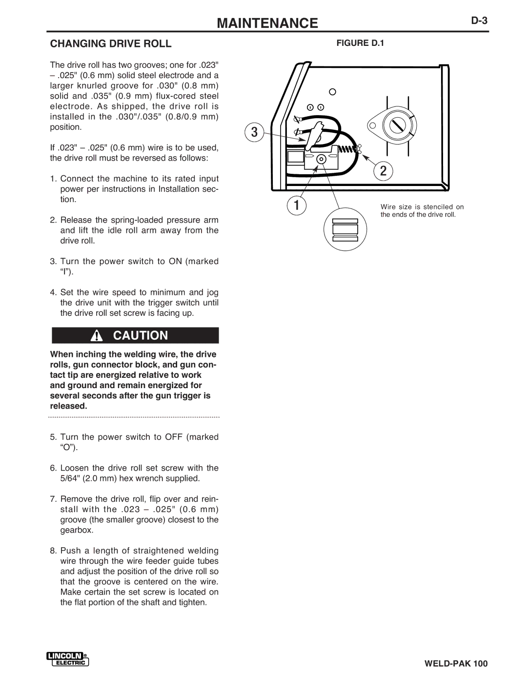 Lincoln Electric IM546 manual MAINTENANCED-3, Changing Drive Roll 