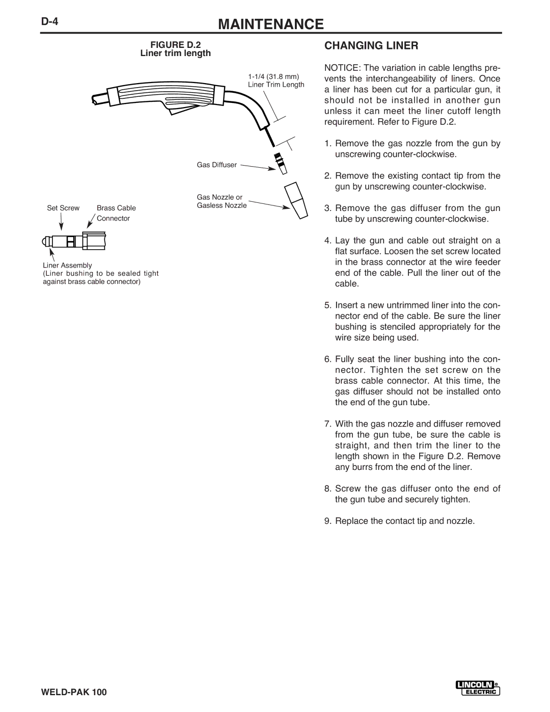 Lincoln Electric IM546 manual 4MAINTENANCE, Changing Liner, Liner trim length 