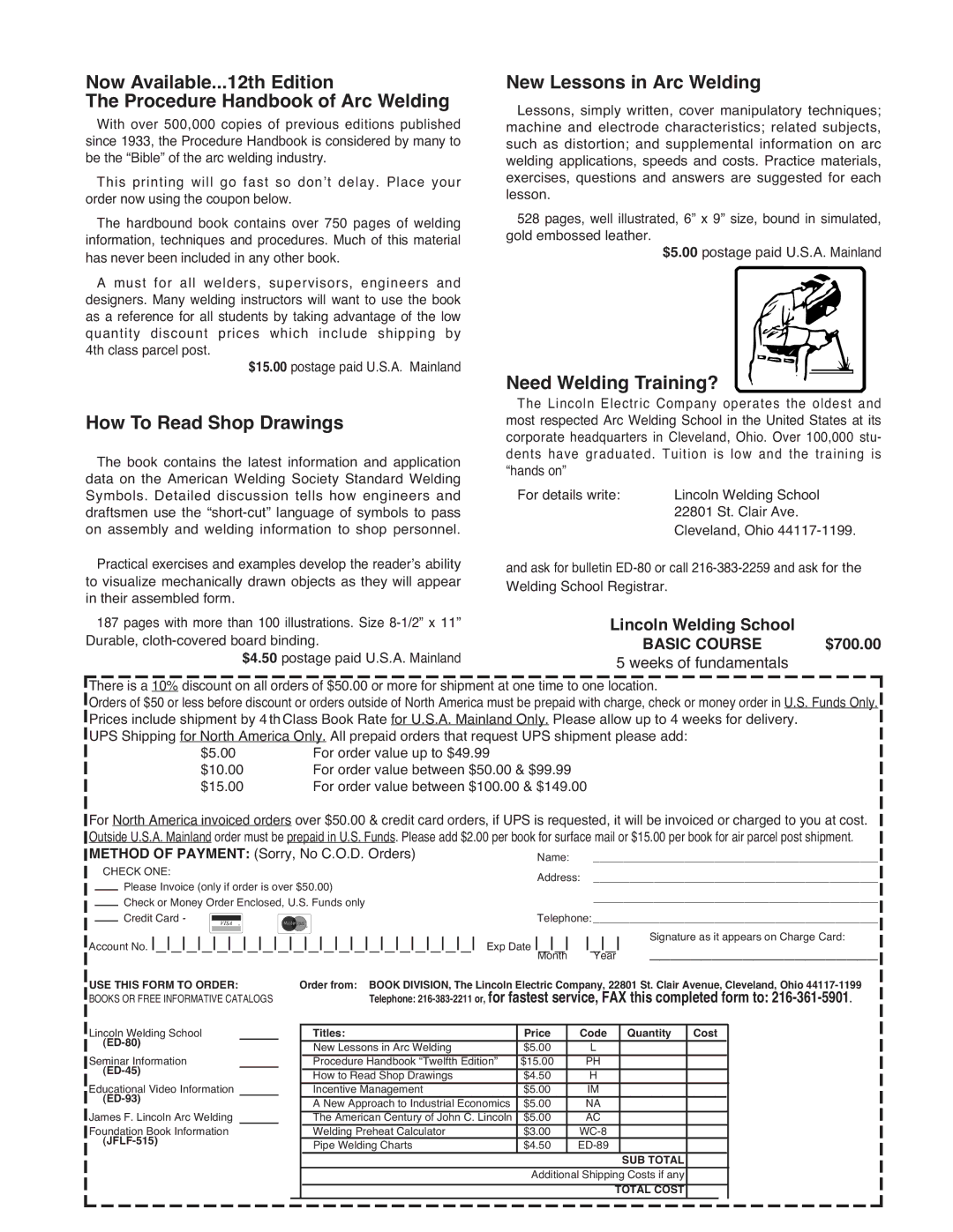 Lincoln Electric IM546 manual How To Read Shop Drawings, New Lessons in Arc Welding, Need Welding Training?, $700.00 