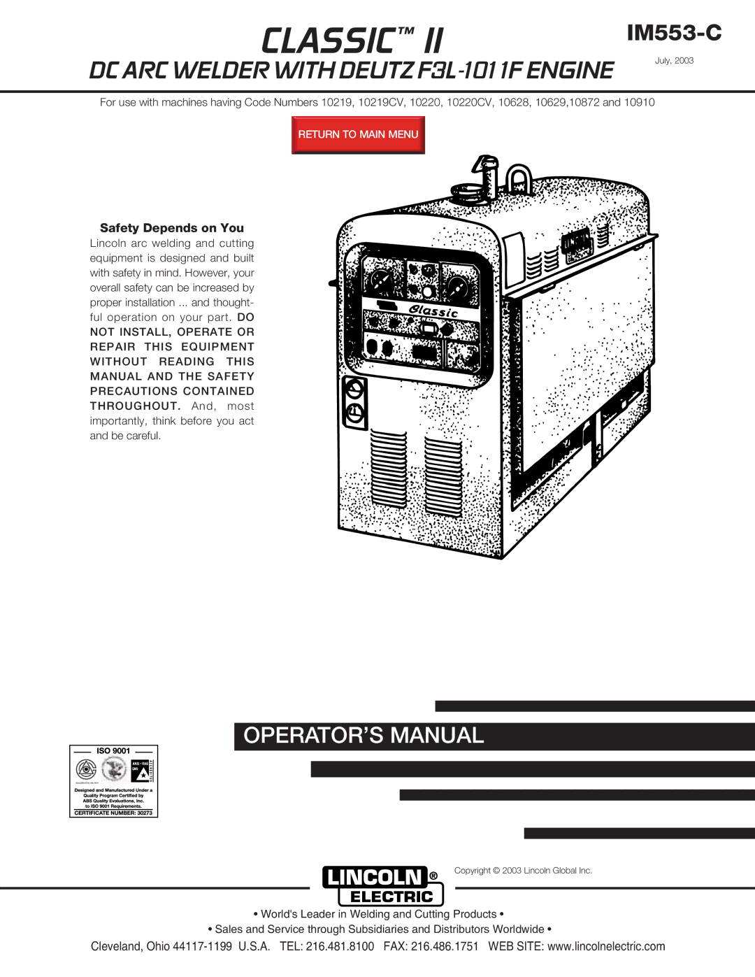 Lincoln Electric IM553-C manual Classic 