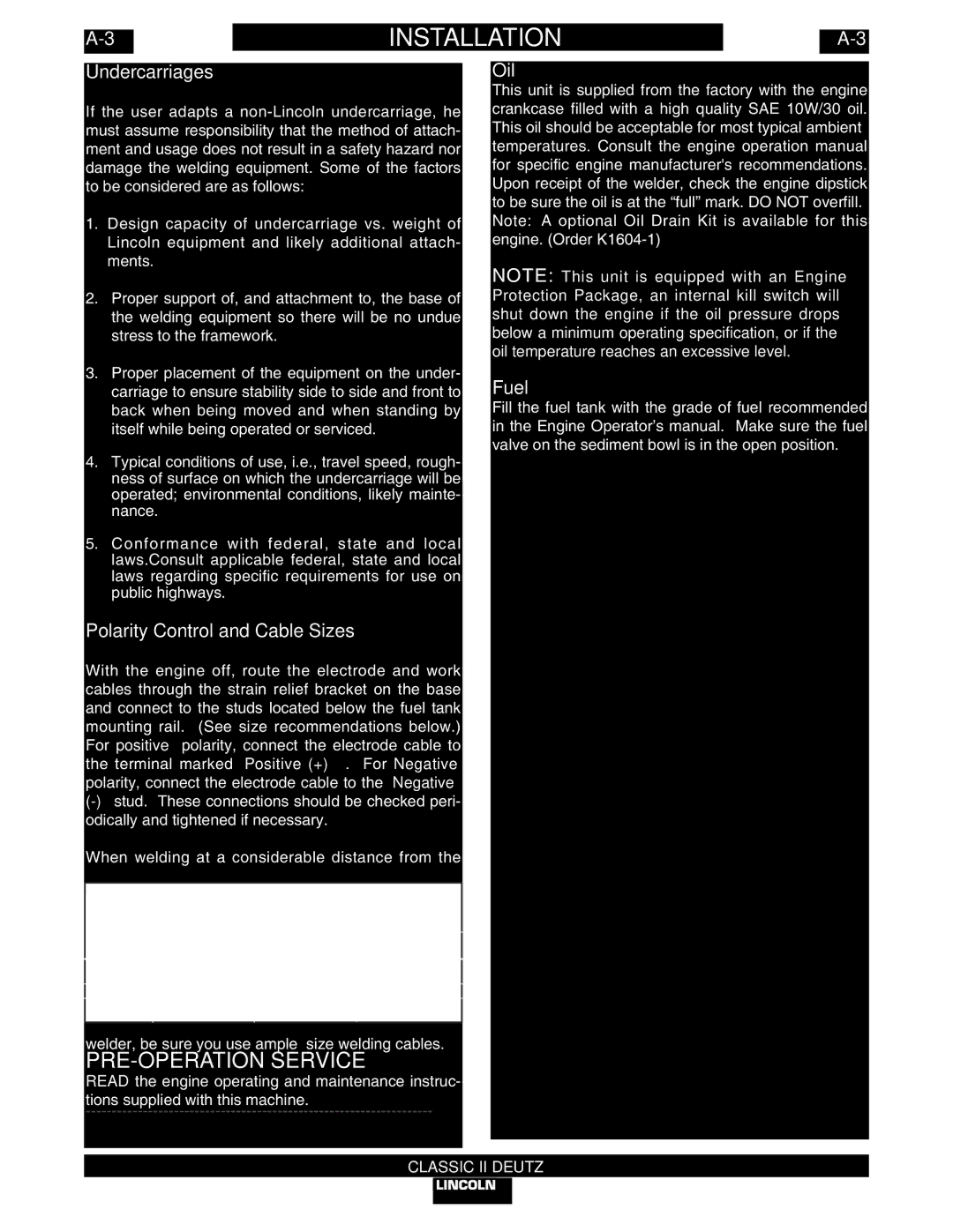 Lincoln Electric IM553-C manual PRE-OPERATION Service, Undercarriages, Polarity Control and Cable Sizes, Oil, Fuel 