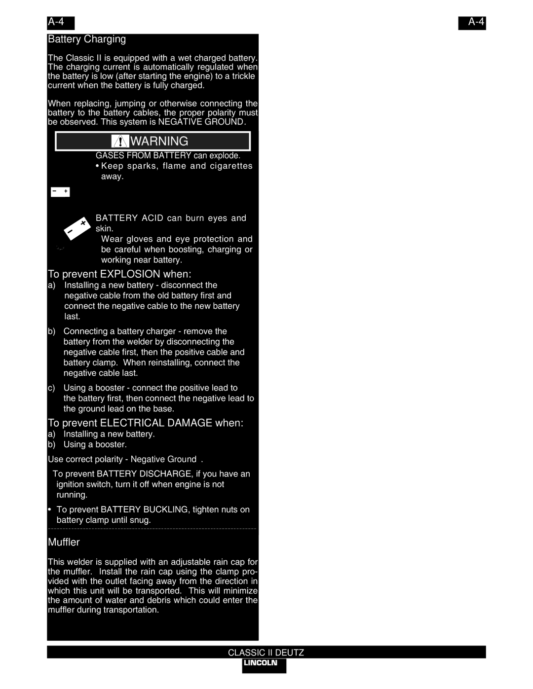 Lincoln Electric IM553-C manual Battery Charging, To prevent Explosion when, To prevent Electrical Damage when, Muffler 