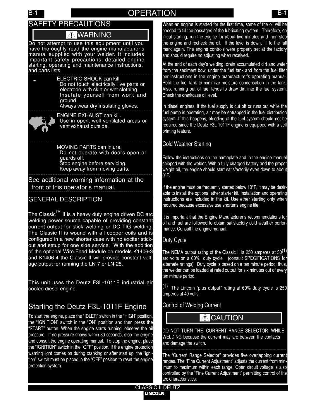 Lincoln Electric IM553-C Operation, Safety Precautions, Cold Weather Starting, Duty Cycle, Control of Welding Current 