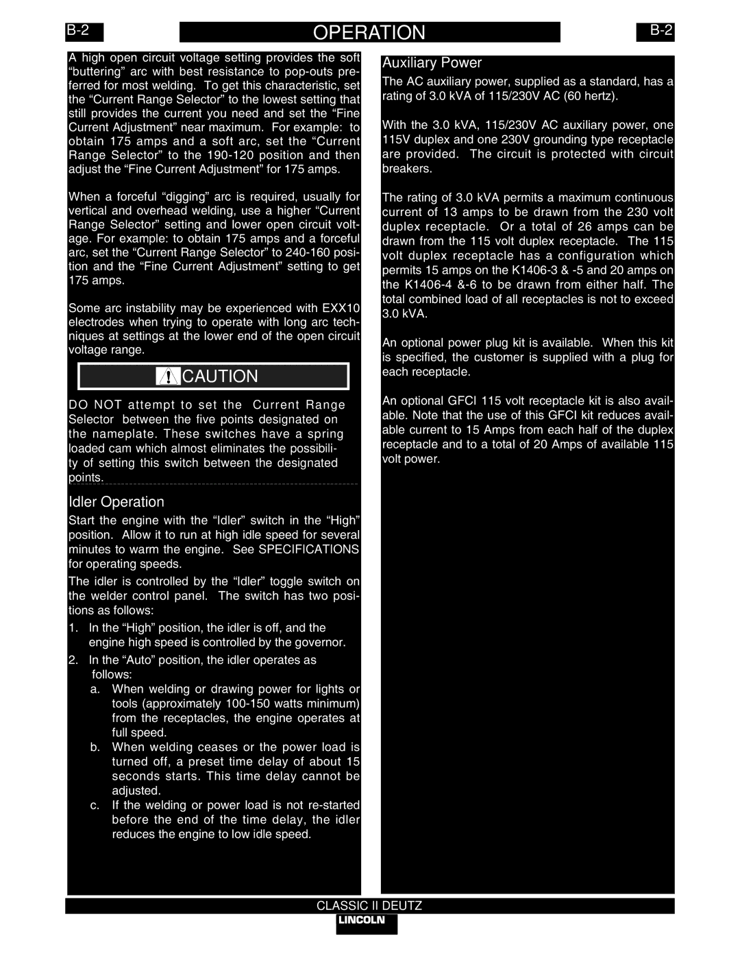 Lincoln Electric IM553-C manual Idler Operation, Auxiliary Power 