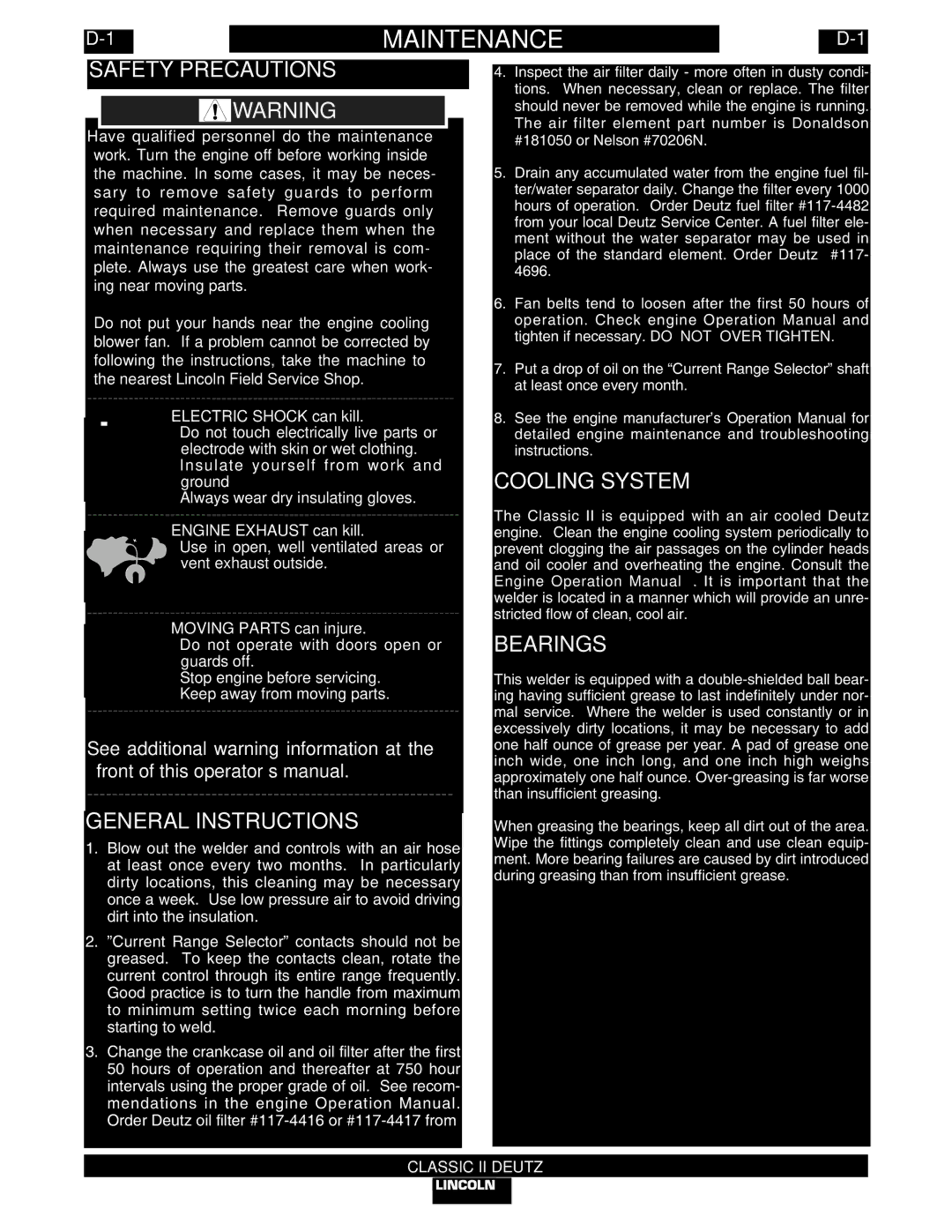 Lincoln Electric IM553-C manual Maintenance, General Instructions, Cooling System Bearings 