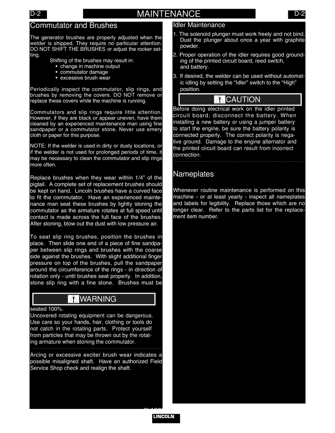 Lincoln Electric IM553-C manual Commutator and Brushes, Idler Maintenance 