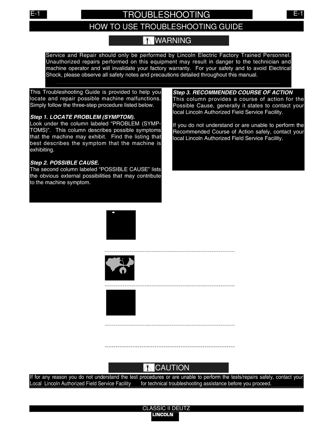 Lincoln Electric IM553-C manual 1TROUBLESHOOTINGE-1, HOW to USE Troubleshooting Guide 