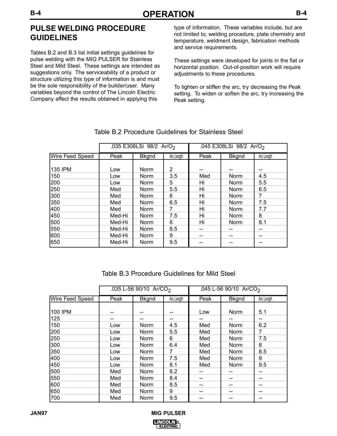 Lincoln Electric IM555 manual Pulse Welding Procedure Guidelines, Table B.2 Procedure Guidelines for Stainless Steel 