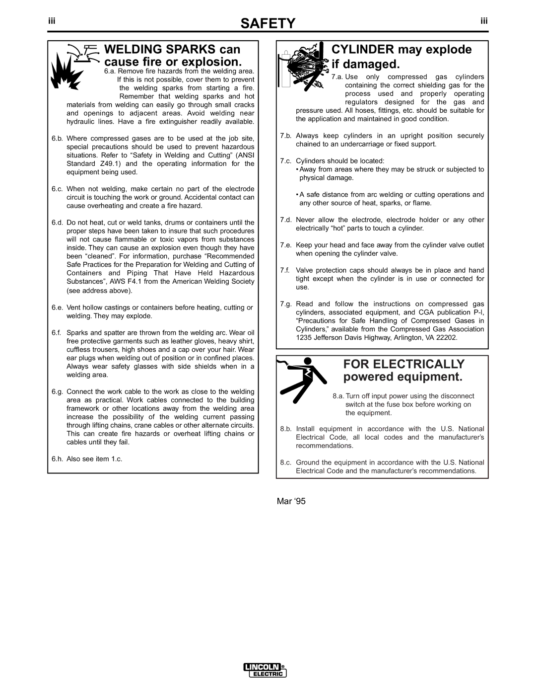 Lincoln Electric IM555 manual Welding Sparks can cause fire or explosion, Iii 