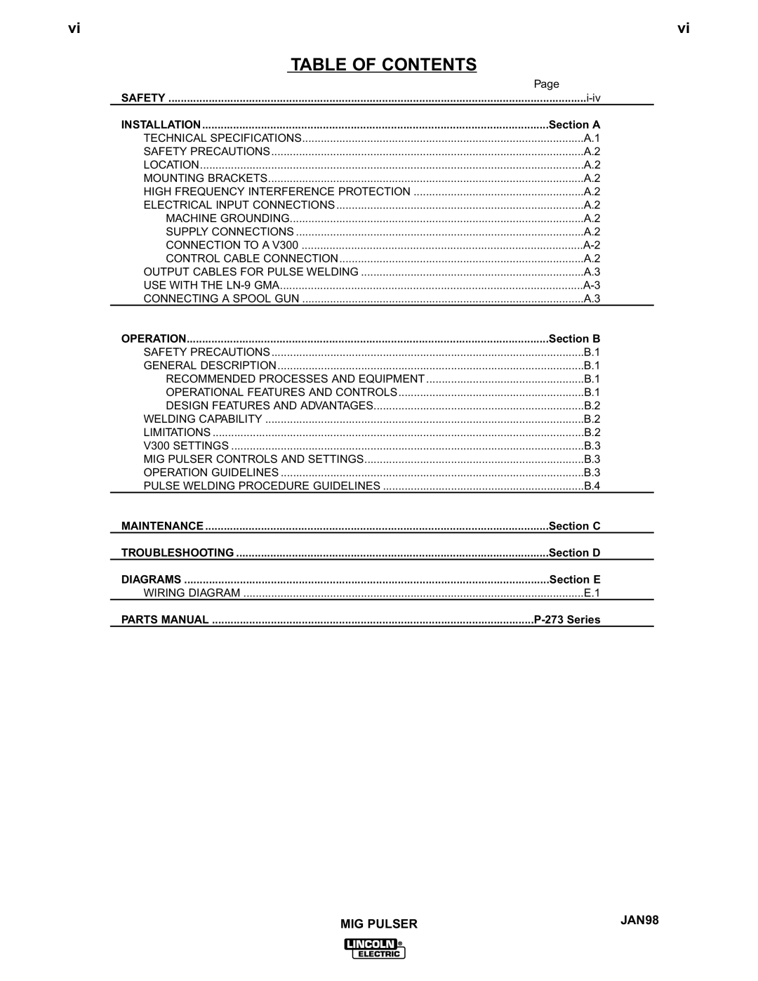 Lincoln Electric IM555 manual Table of Contents 