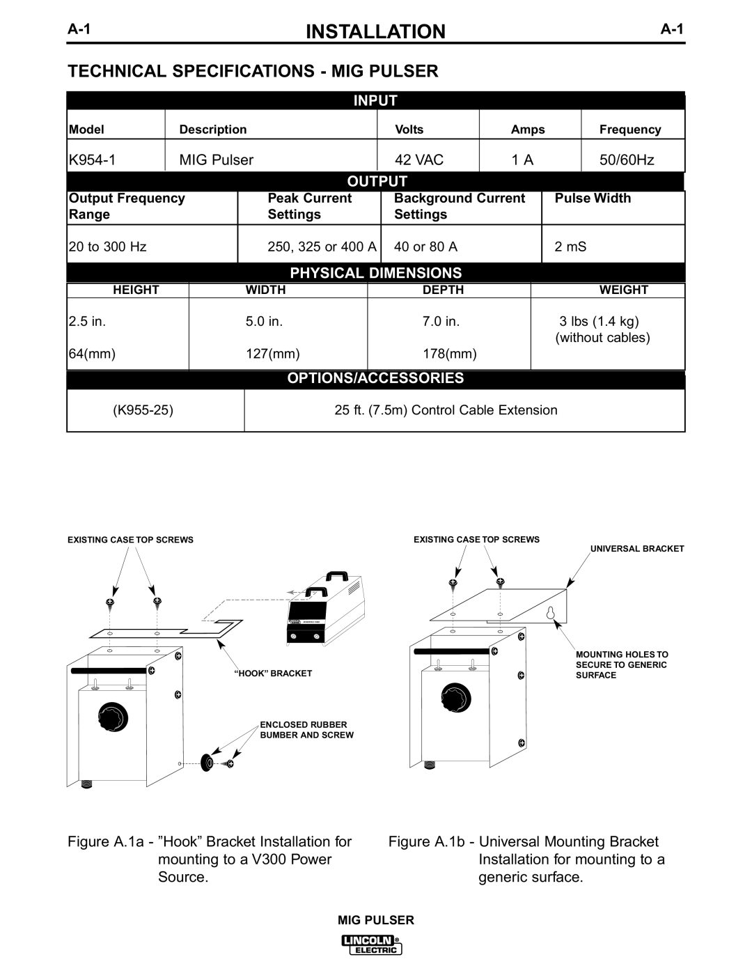 Lincoln Electric IM555 manual Installation, Technical Specifications MIG Pulser, Model Description Volts Amps Frequency 