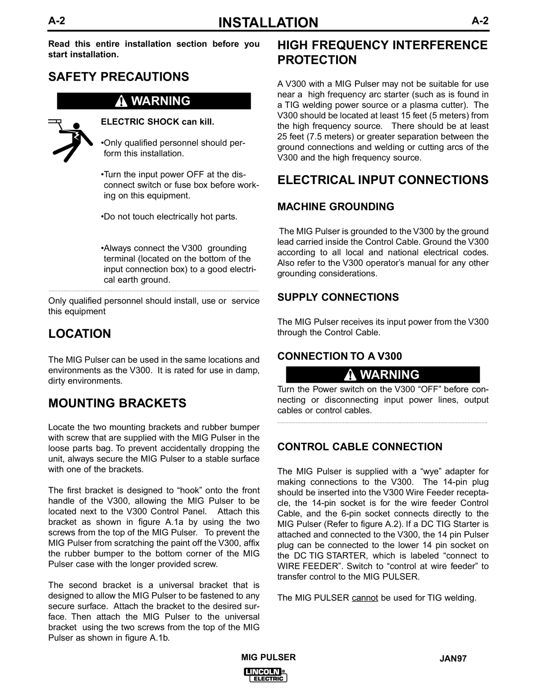 Lincoln Electric IM555 Safety Precautions, High Frequency Interference Protection, Electrical Input Connections, Location 