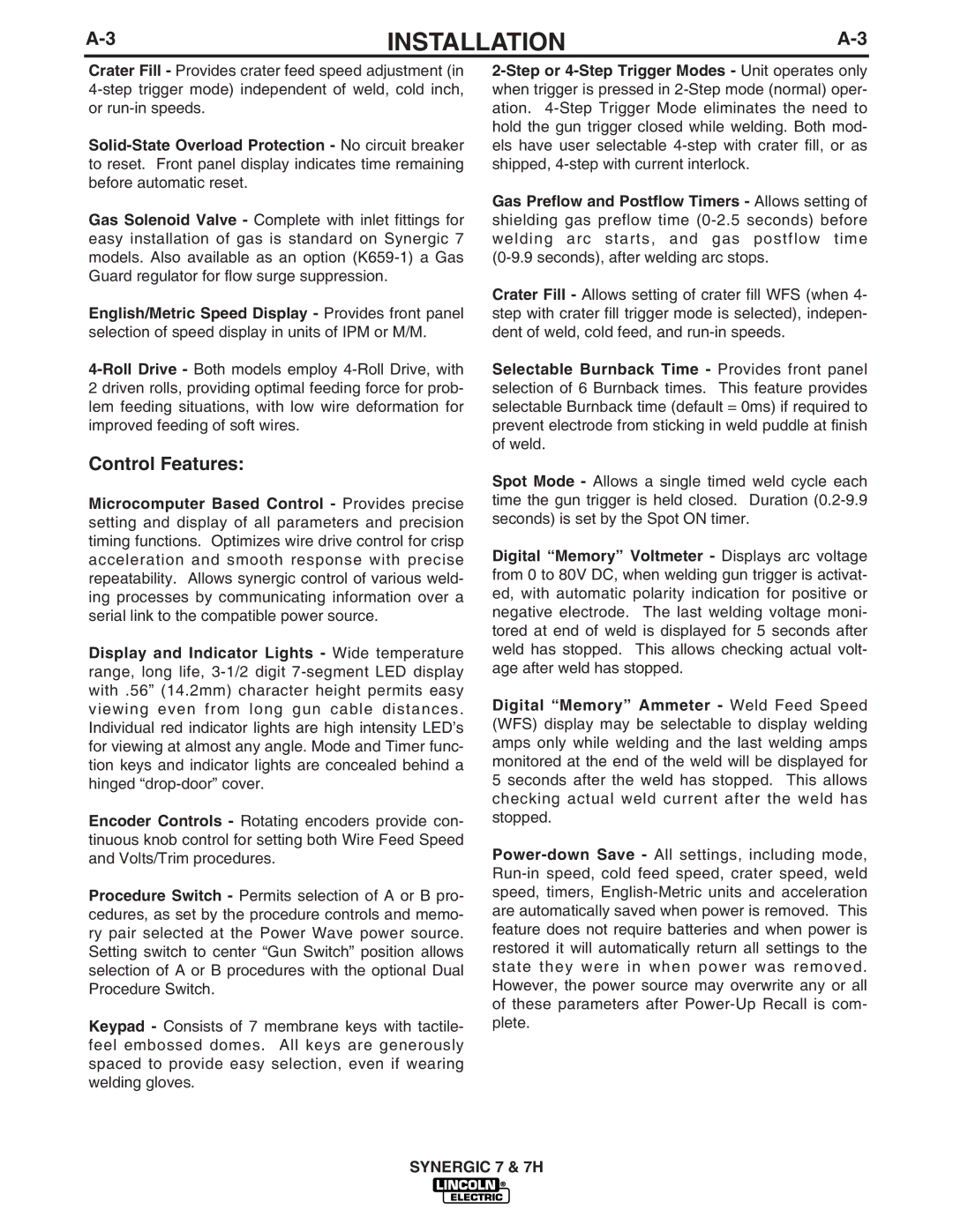 Lincoln Electric IM557 manual Control Features 