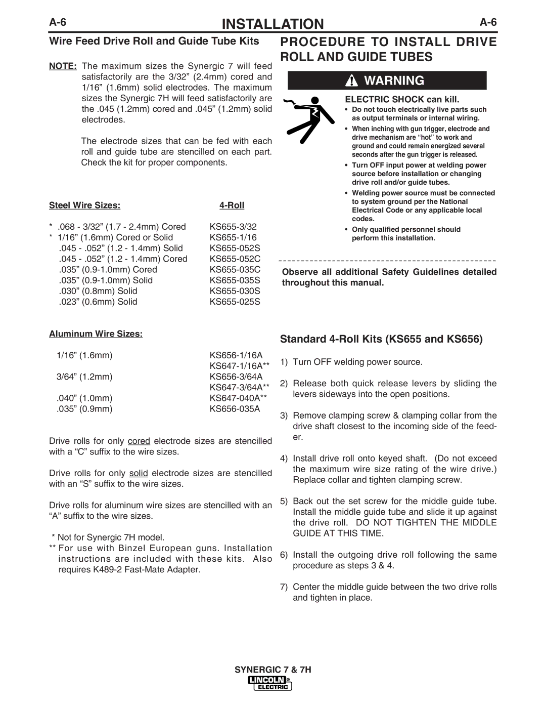 Lincoln Electric IM557 manual Procedure to Install Drive Roll and Guide Tubes, Wire Feed Drive Roll and Guide Tube Kits 