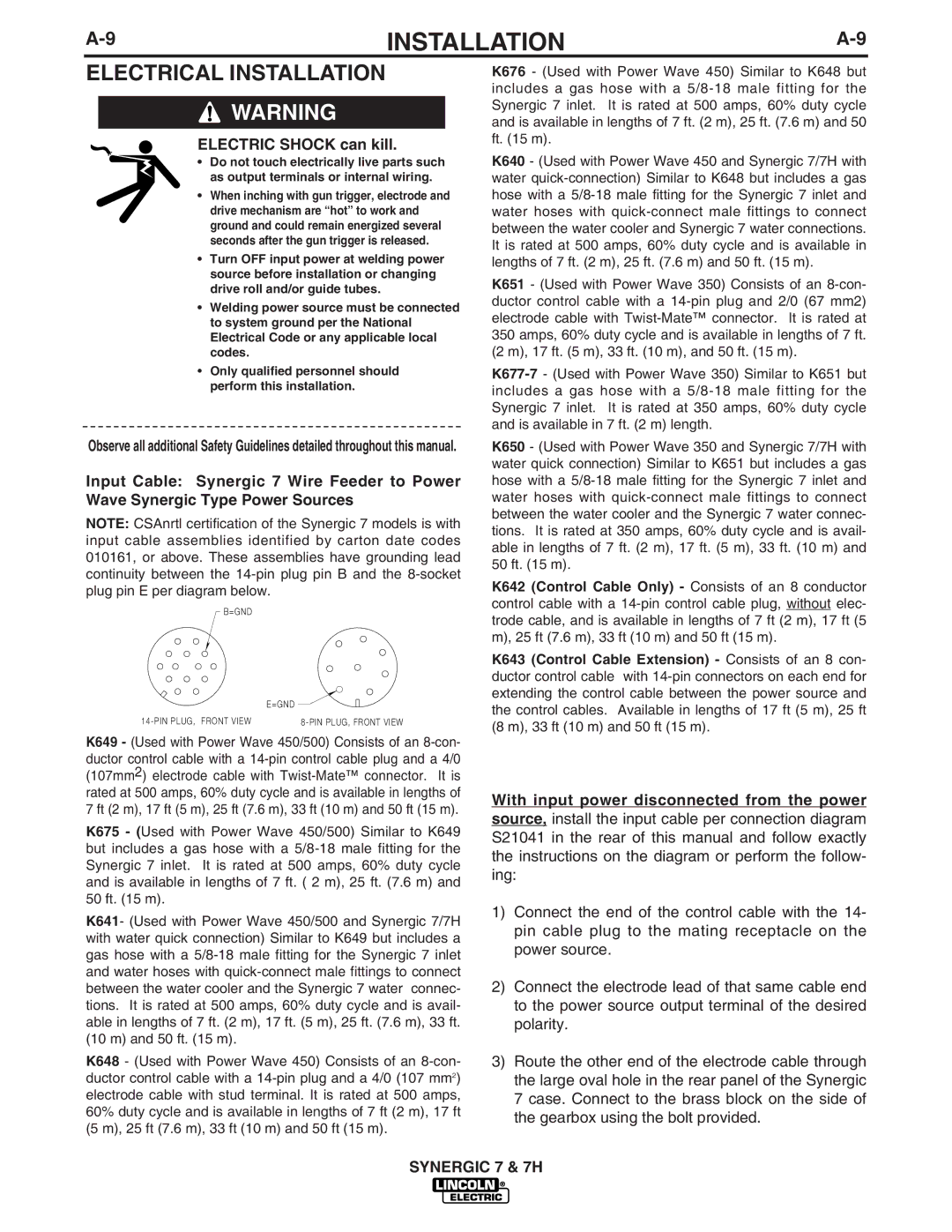 Lincoln Electric IM557 manual Electrical Installation Warning 