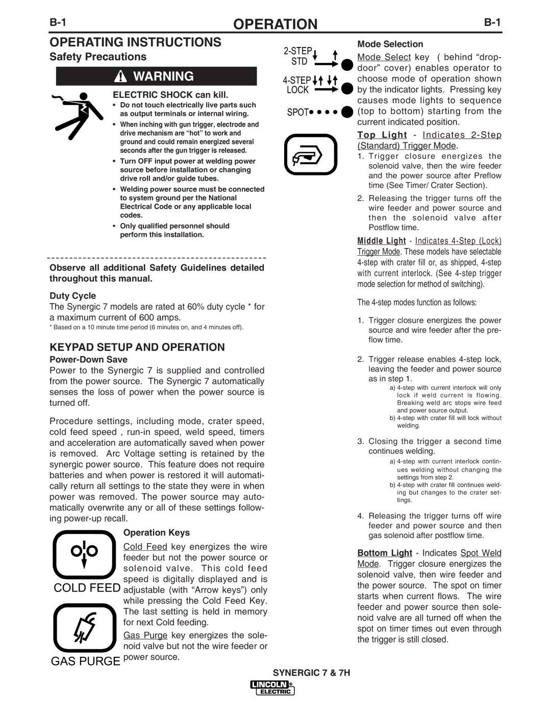 Lincoln Electric IM557 manual Operating Instructions, Mode Selection, Power-Down Save, Operation Keys 