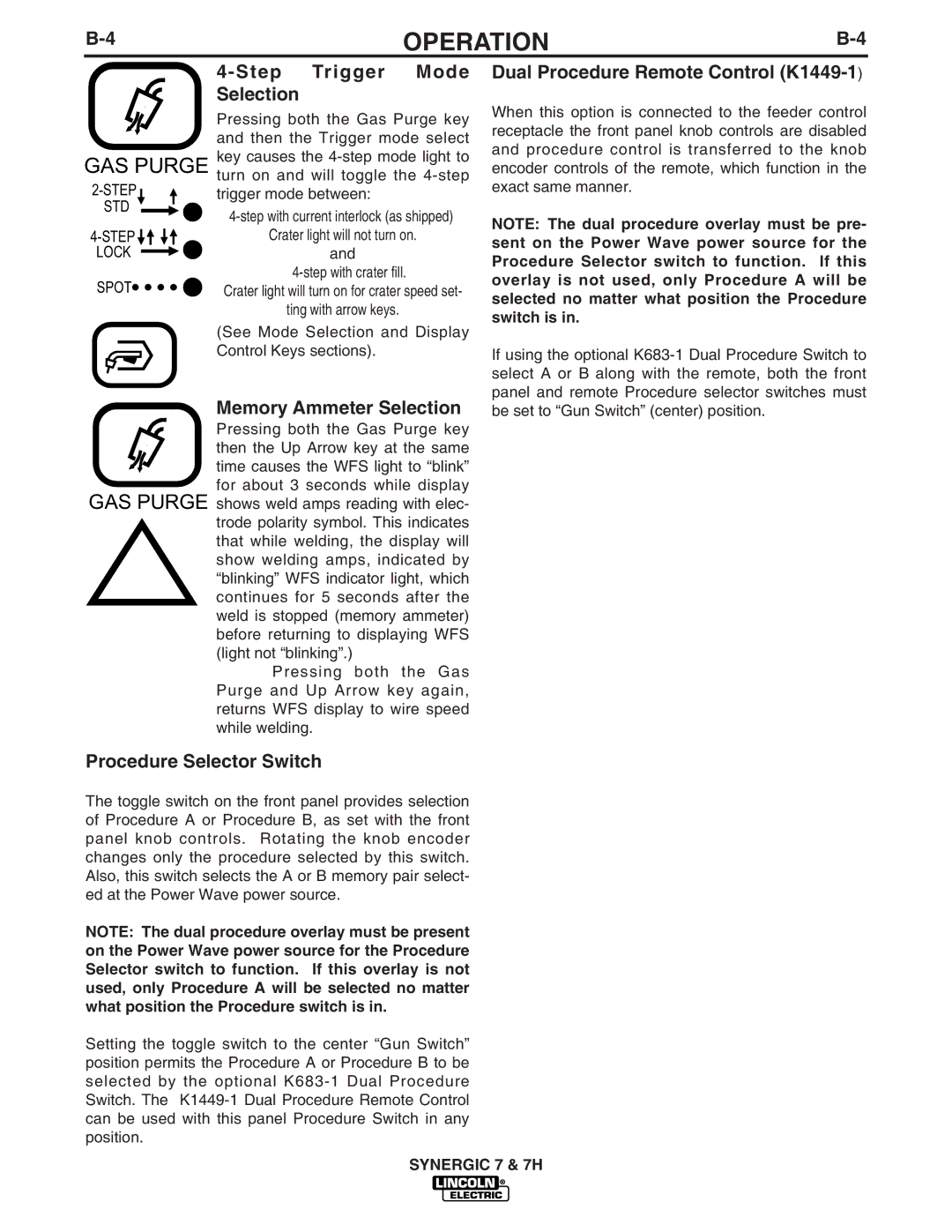 Lincoln Electric IM557 manual Step Trigger Mode Selection, Dual Procedure Remote Control K1449-1, Memory Ammeter Selection 
