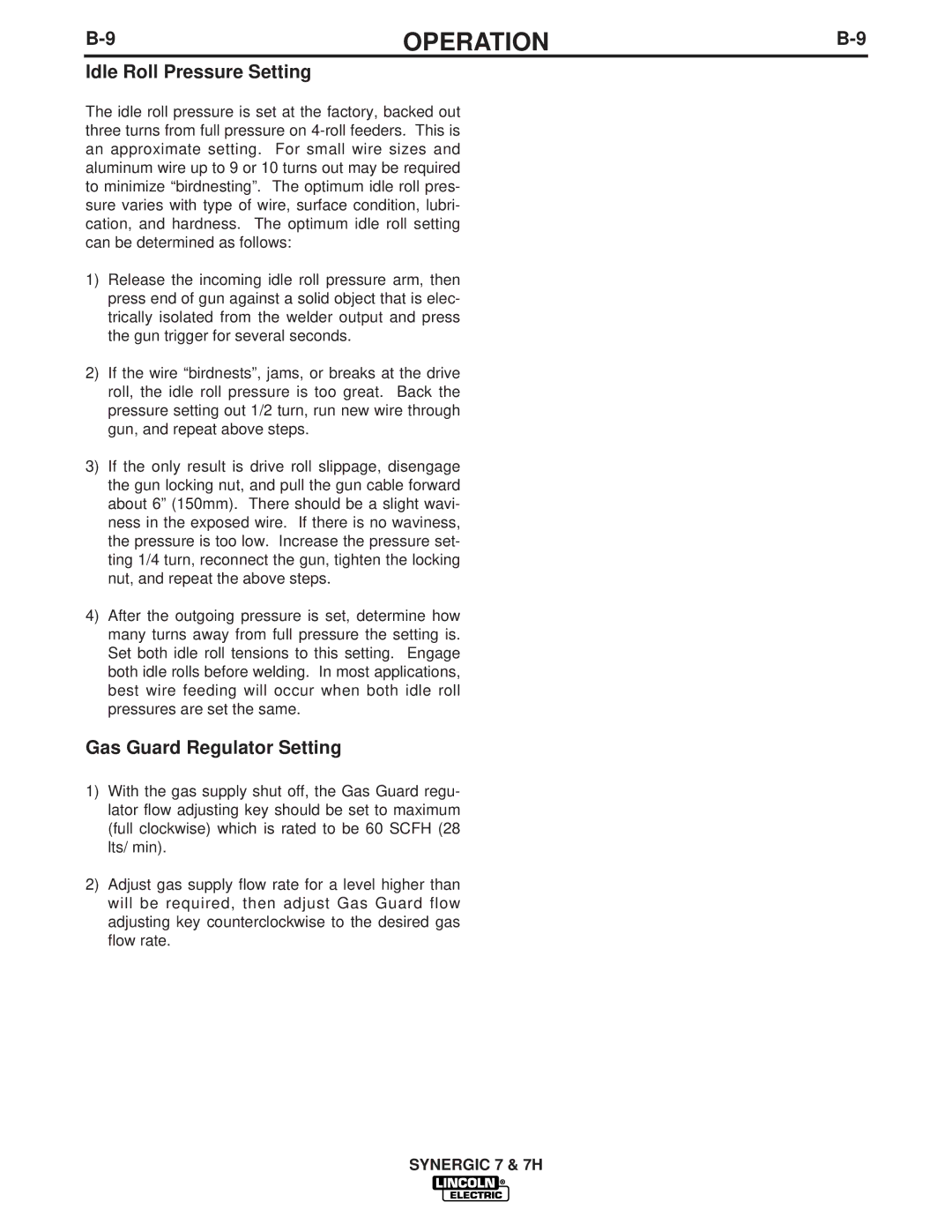 Lincoln Electric IM557 manual Idle Roll Pressure Setting, Gas Guard Regulator Setting 