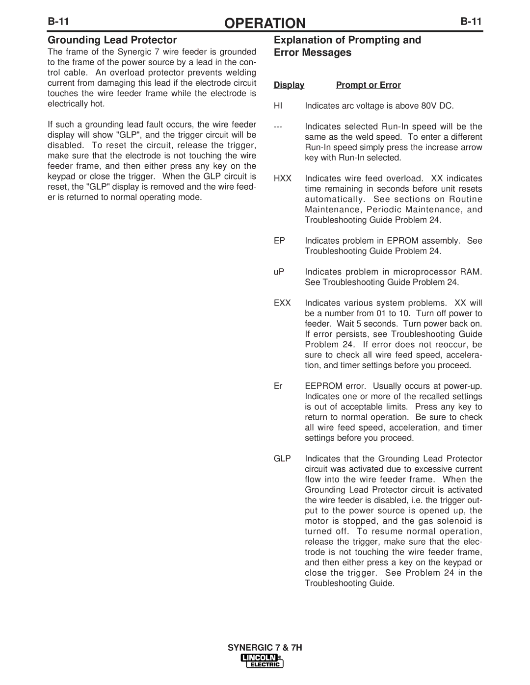 Lincoln Electric IM557 manual Grounding Lead Protector, Explanation of Prompting Error Messages 