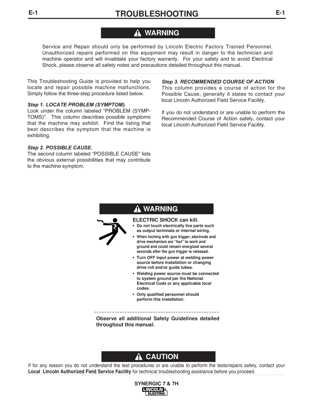 Lincoln Electric IM557 manual 1TROUBLESHOOTINGE-1, Locate Problem Symptom 