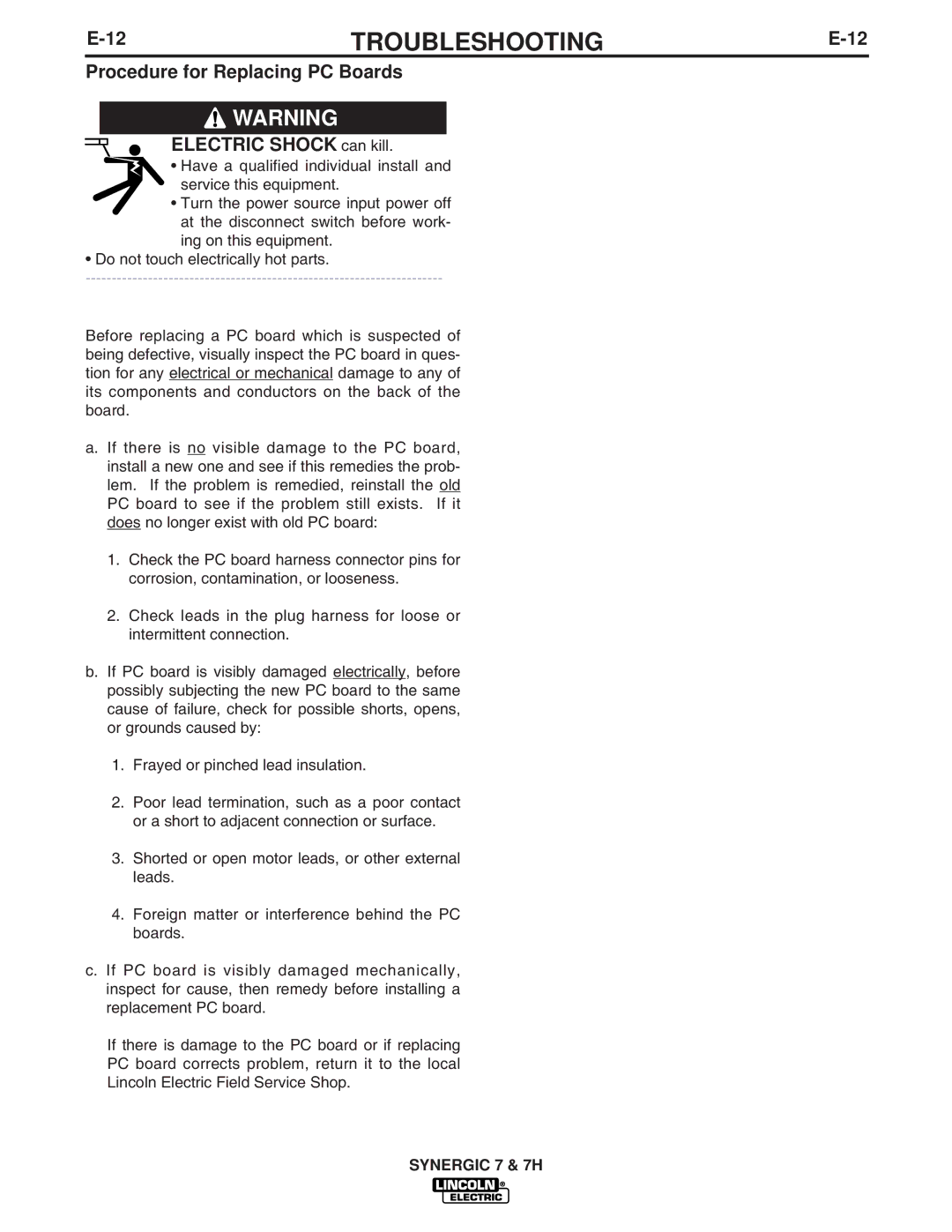 Lincoln Electric IM557 manual Procedure for Replacing PC Boards Electric Shock can kill 