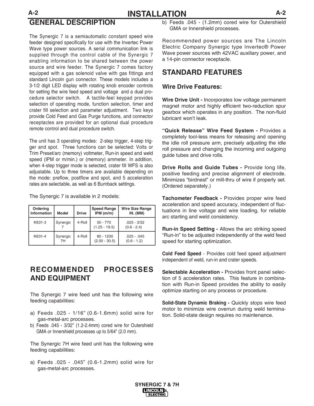 Lincoln Electric IM557 General Description, Recommended Processes and Equipment, Standard Features, Wire Drive Features 