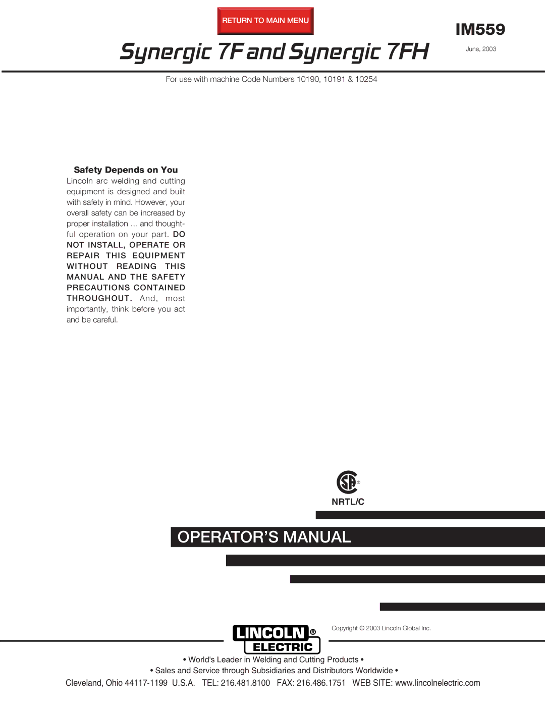 Lincoln Electric IM559 manual Synergic 7F and Synergic 7FH 