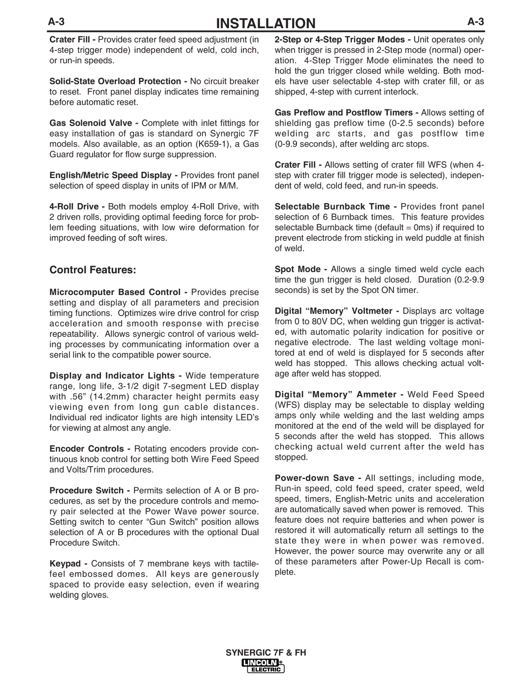 Lincoln Electric IM559 manual Control Features 