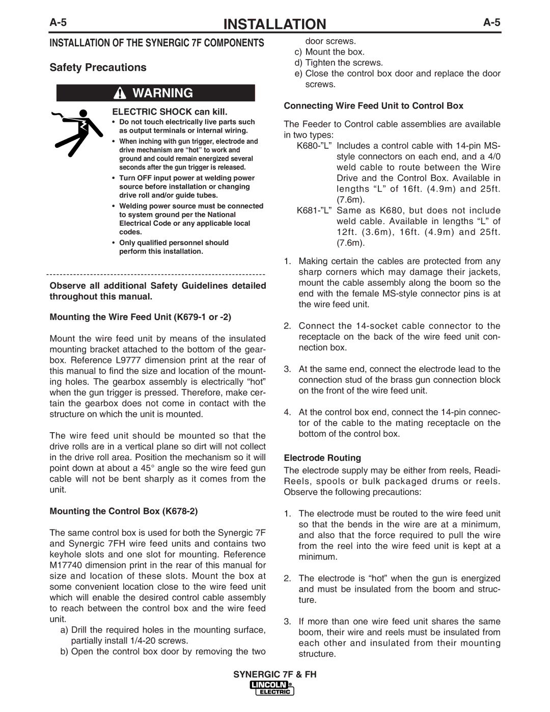 Lincoln Electric IM559 Safety Precautions, Electric Shock can kill, Mounting the Control Box K678-2, Electrode Routing 