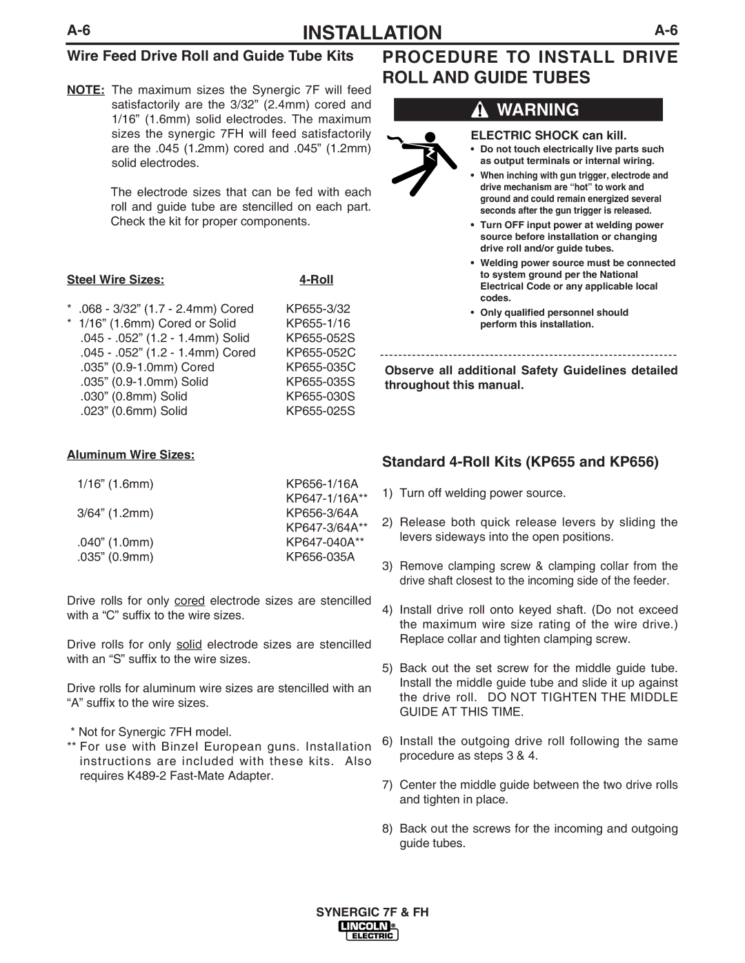 Lincoln Electric IM559 manual Procedure to Install Drive Roll and Guide Tubes, Wire Feed Drive Roll and Guide Tube Kits 