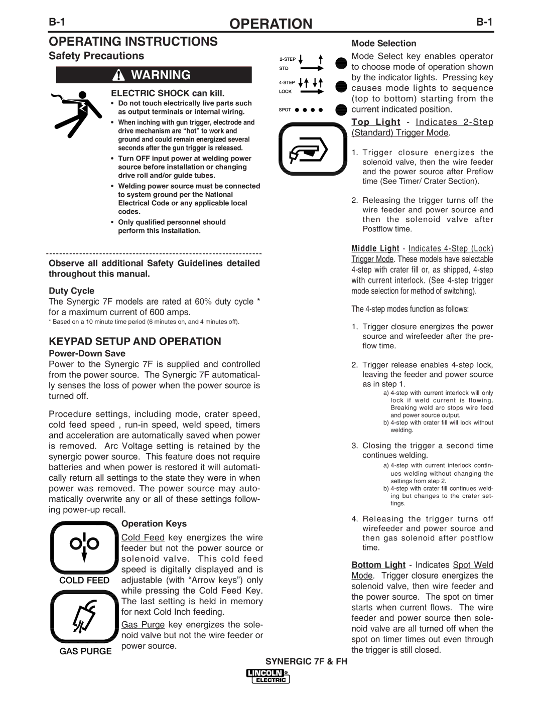 Lincoln Electric IM559 manual Operating Instructions, Power-Down Save, Operation Keys, Mode Selection 