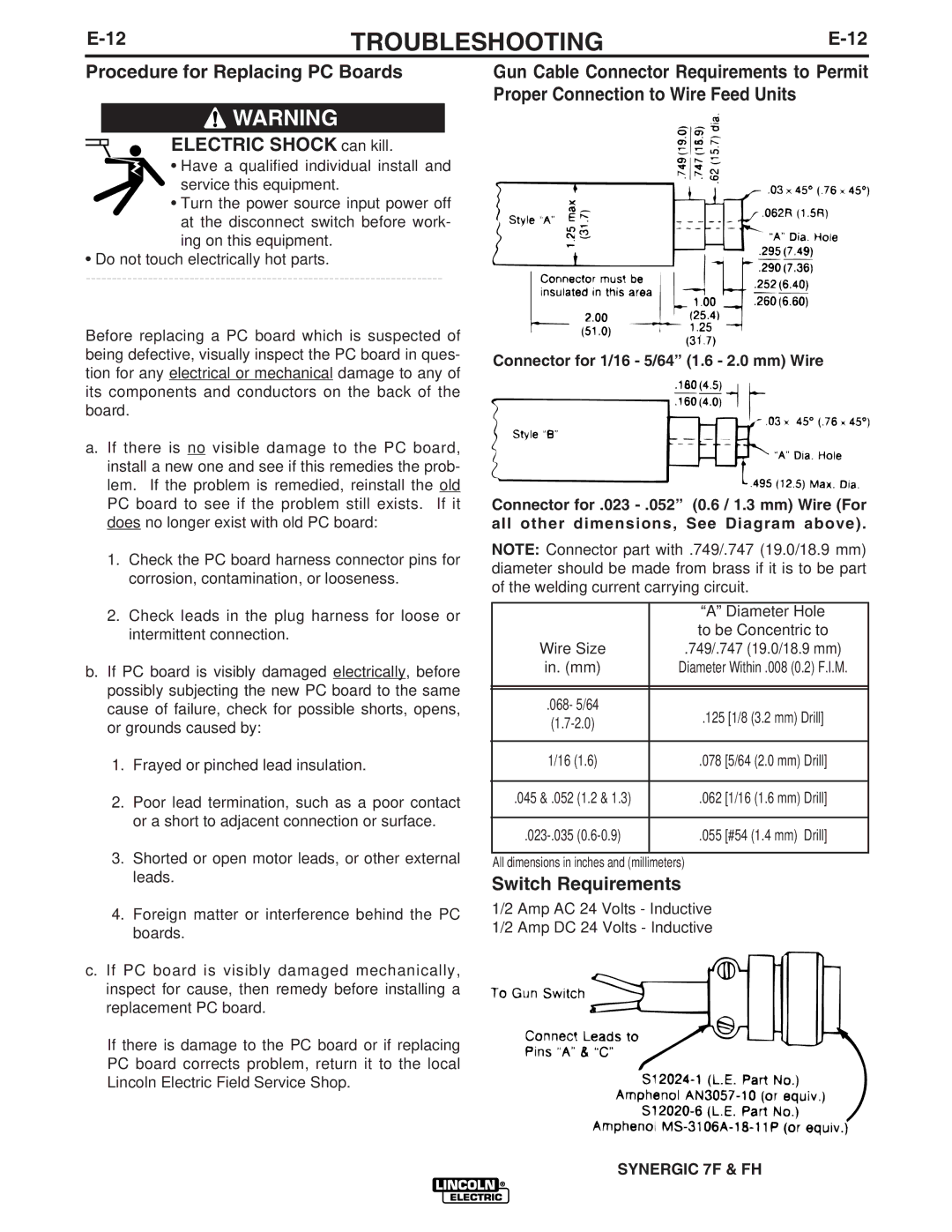 Lincoln Electric IM559 manual Procedure for Replacing PC Boards Electric Shock can kill, Switch Requirements 