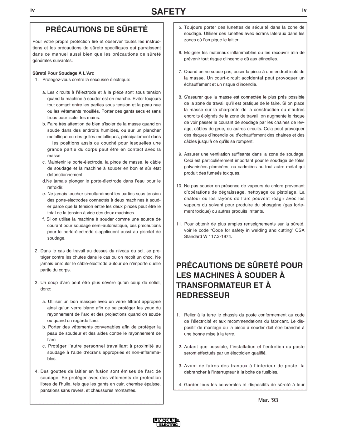 Lincoln Electric IM559 manual Précautions DE Sûreté, Mar. ‘93 