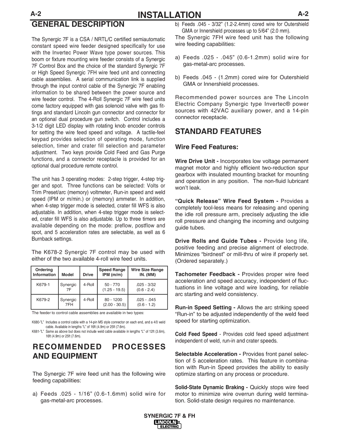 Lincoln Electric IM559 General Description, Recommended Processes and Equipment, Standard Features, Wire Feed Features 