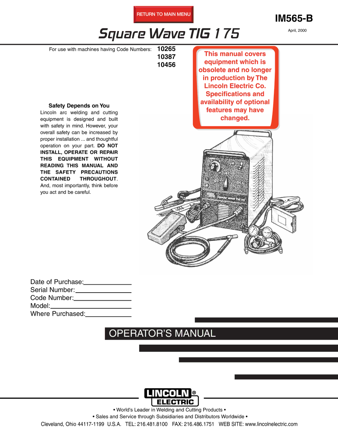 Lincoln Electric IM565-B manual Square Wave TIG, Safety Depends on You 