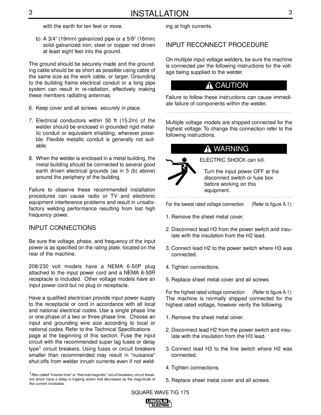 Lincoln Electric IM565-B manual Input Connections, Input Reconnect Procedure 