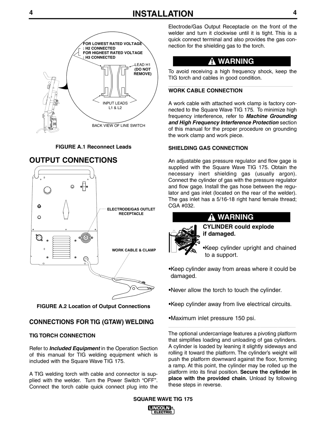 Lincoln Electric IM565-B Output Connections, Connections for TIG Gtaw Welding, TIG Torch Connection, Work Cable Connection 