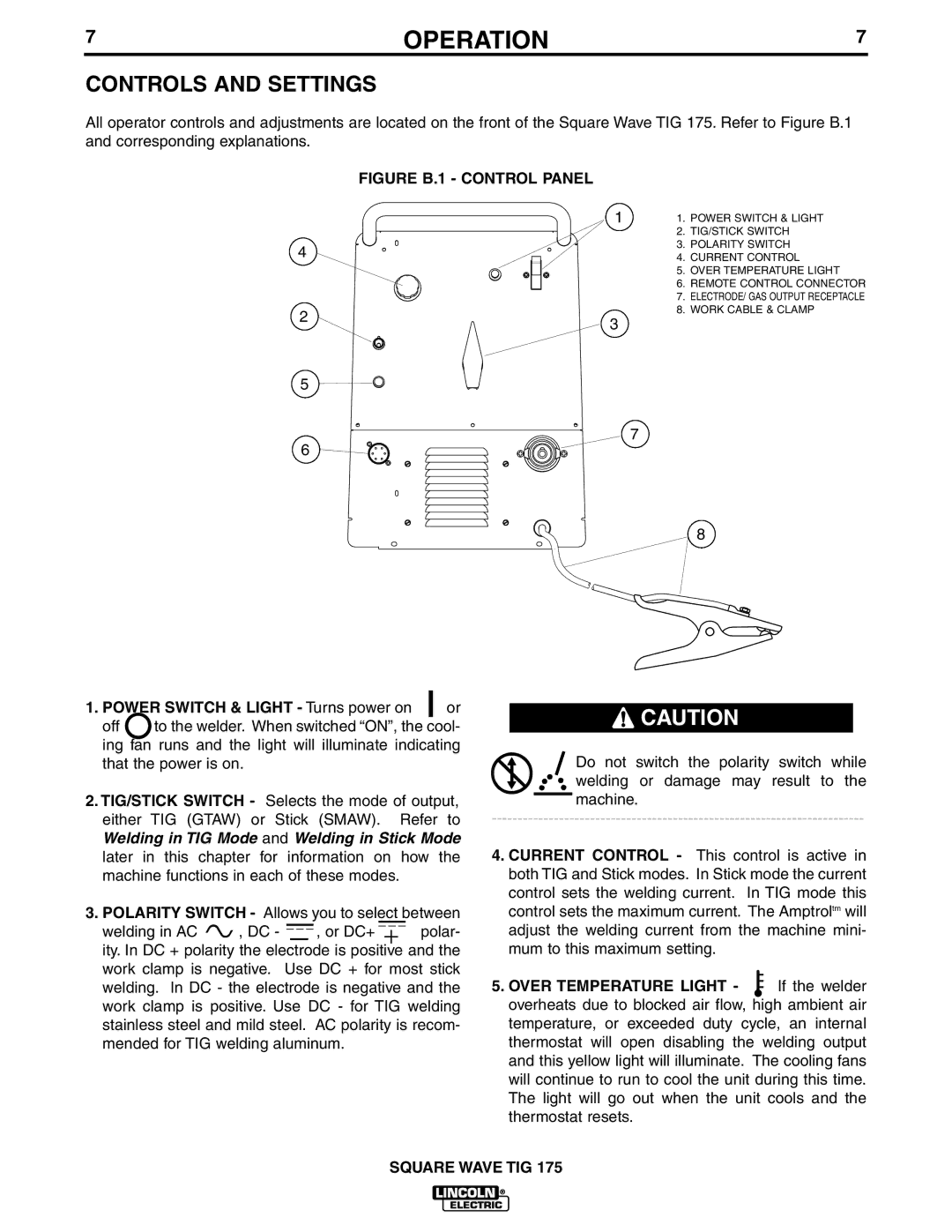 Lincoln Electric IM565-B manual Controls and Settings, Power Switch & Light Turns power on 