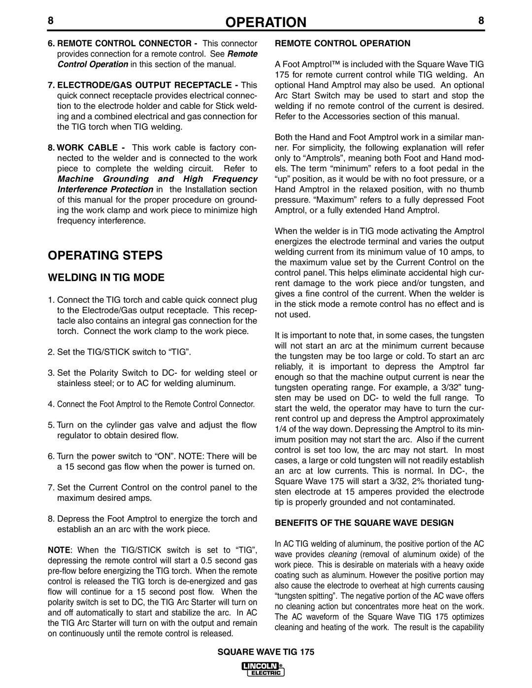 Lincoln Electric IM565-B manual Operating Steps, Welding in TIG Mode, Remote Control Operation 